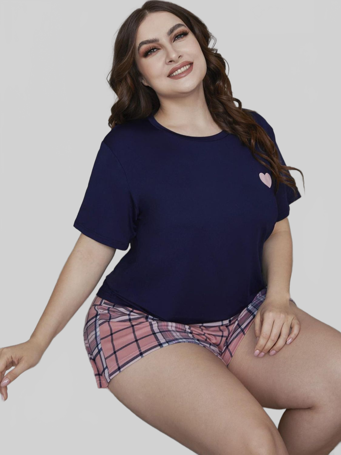 Plus Size Heart Graphic Top and Plaid Shorts Loungewear Set nicholesgifts
