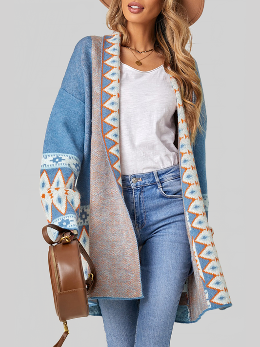 Women Geometric Open Front Long Sleeve Cardigan Sweater nicholesgifts