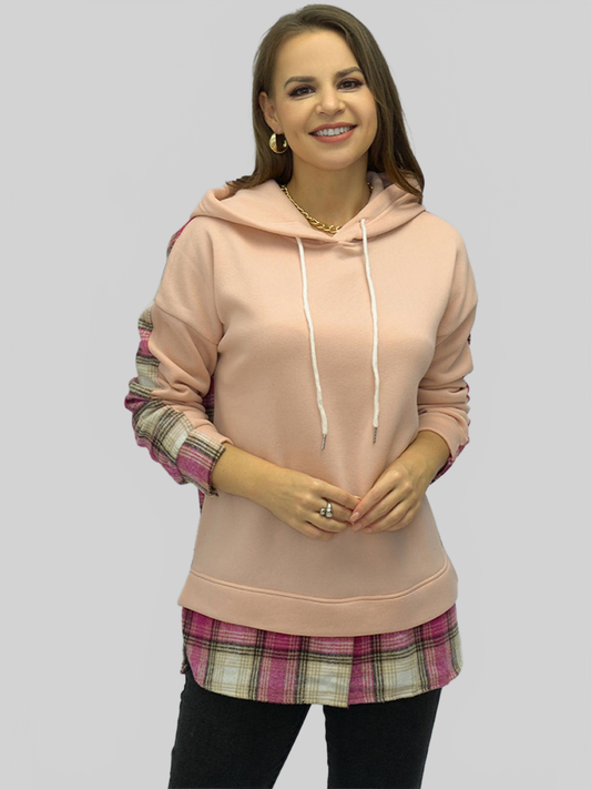 NicholesGifts Women Shiny Plaid Drawstring Drop Shoulder Slit Hoodie NicholesGifts