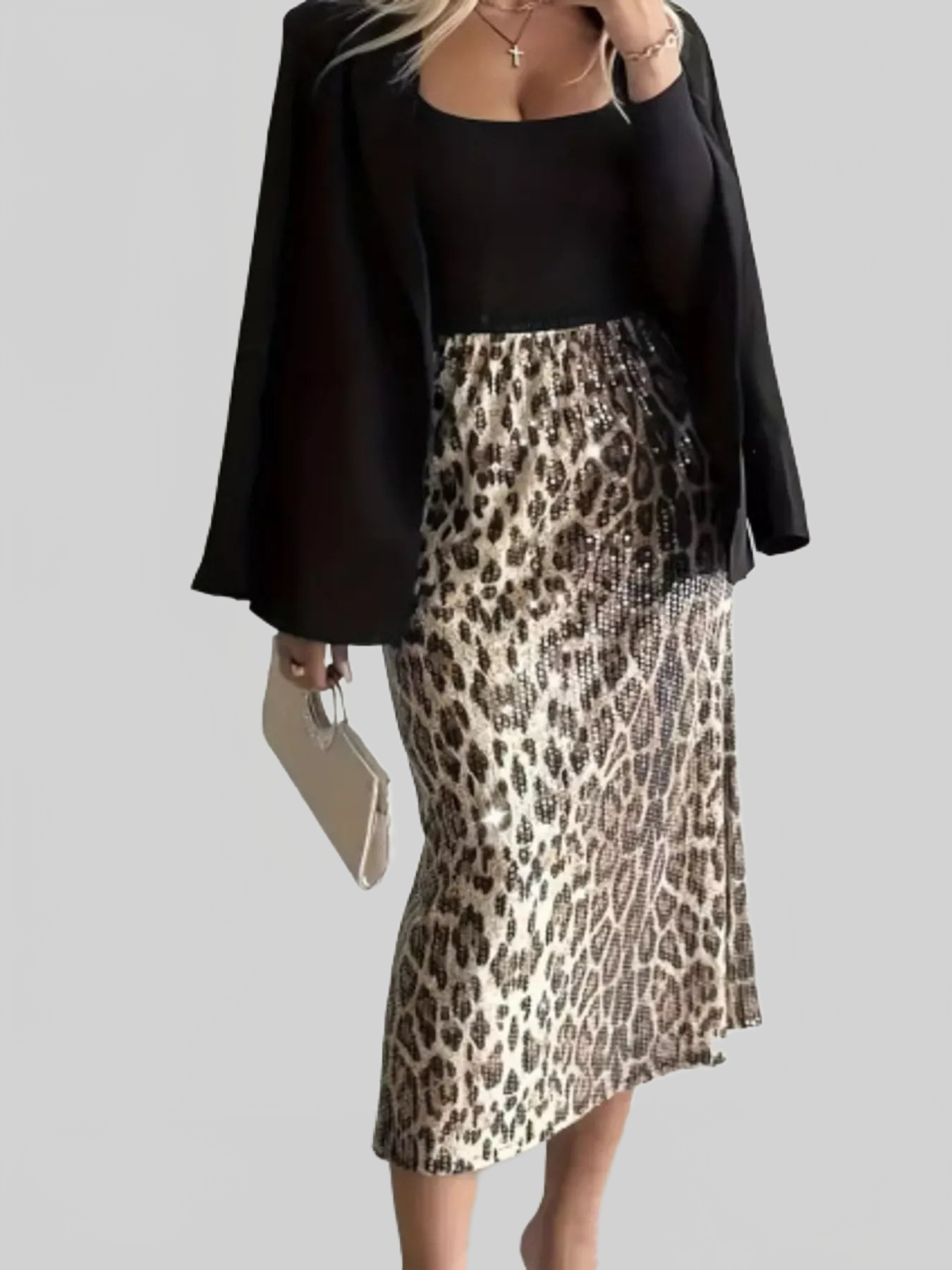Women Sequin Leopard Midi Skirt nicholesgifts