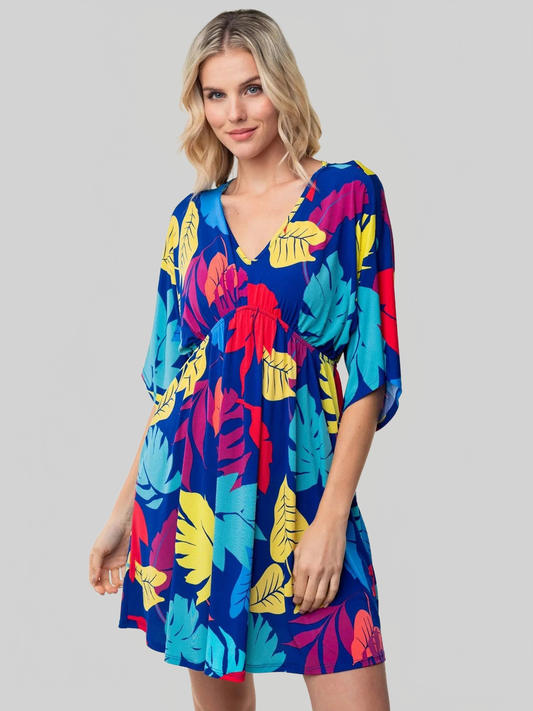 White Birch Full Size Printed V-Neck Mini Dress nicholesgifts