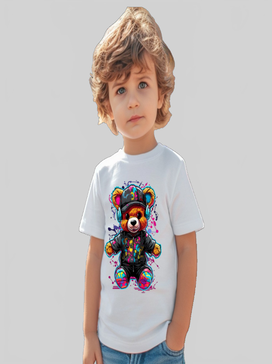 Toddler Boys Colorful Bear with Headphones Short Sleeve Crewneck T-Shirt nicholesgifts