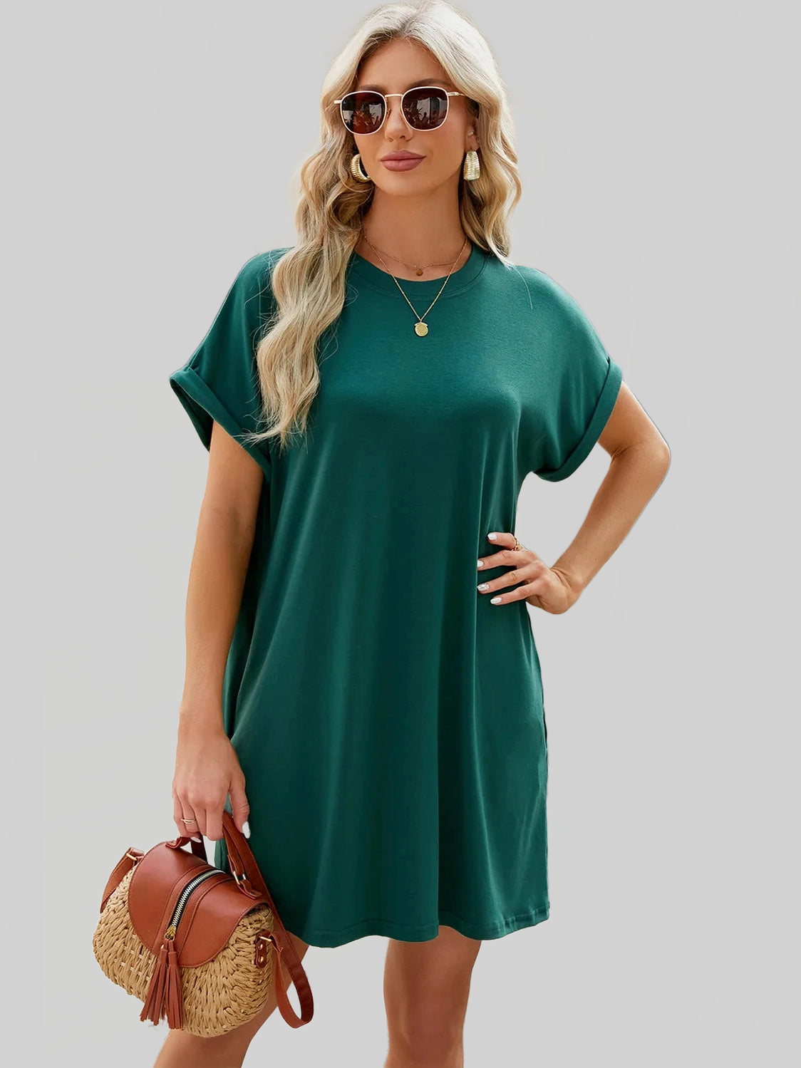 Round Neck Rolled Short Sleeve Tee Dress nicholesgifts