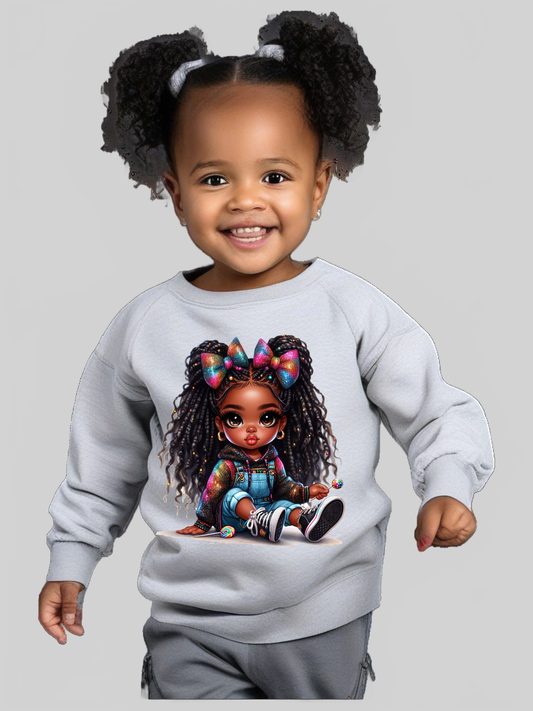 African American Toddler Girls Braids and Bows Long Sleeve Crewneck Sweatshirt nicholesgifts