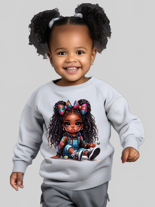 African American Toddler Girls Braids and Bows Long Sleeve Crewneck Sweatshirt nicholesgifts
