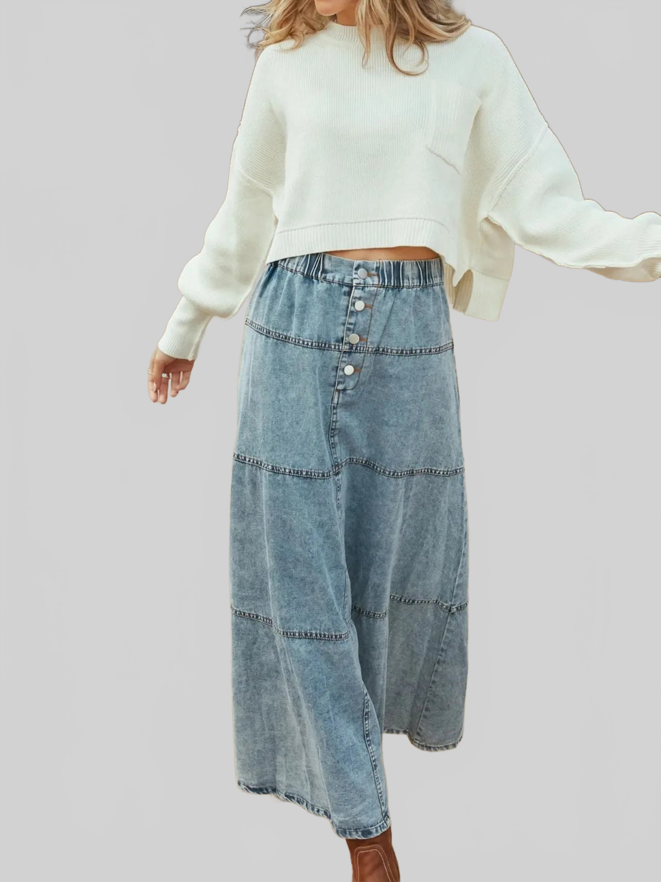 Women Button-Front Tiered Maxi Denim Skirt nicholesgifts