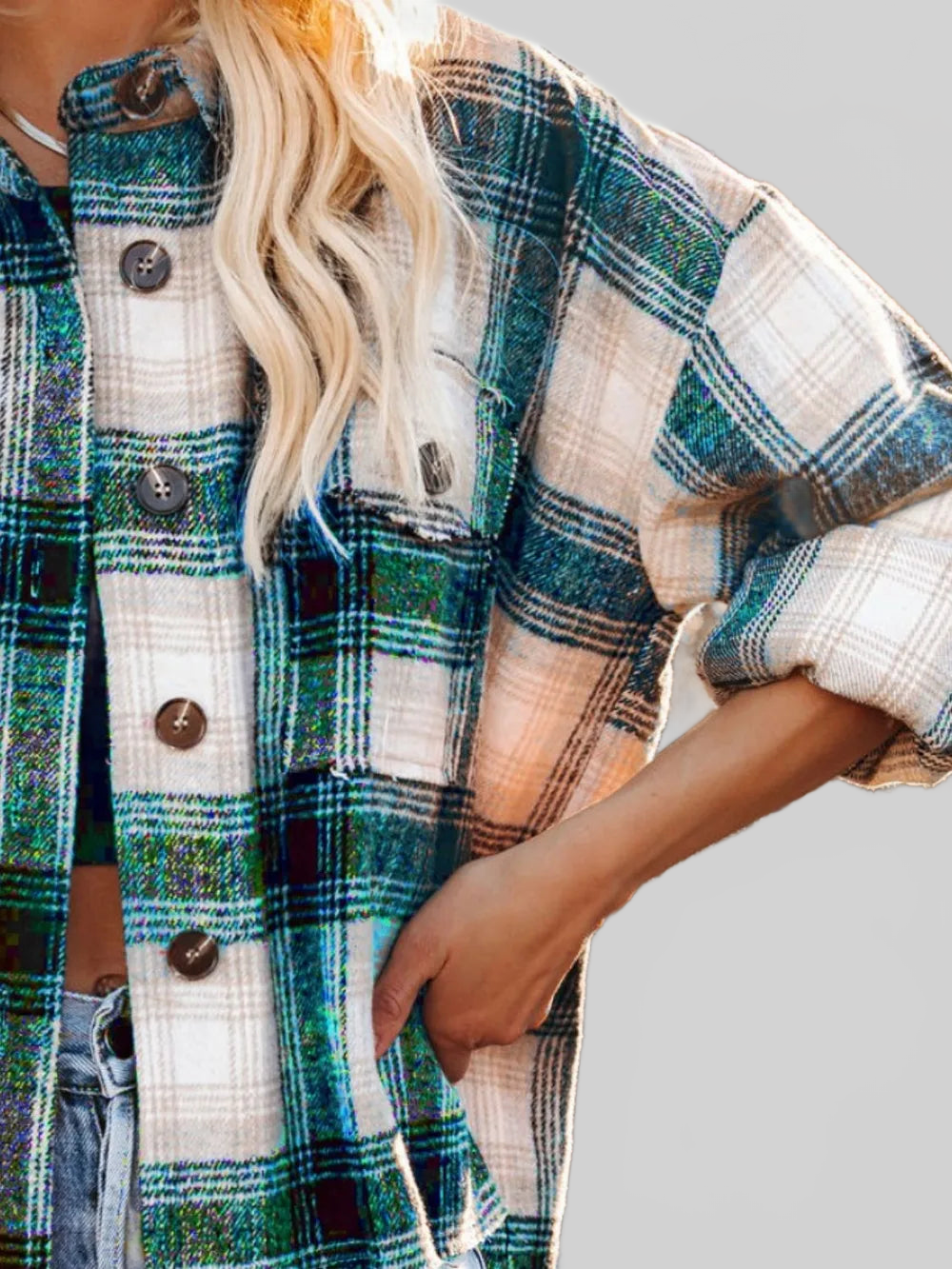 Pocketed Plaid Button Down Long Sleeve Shacket nicholesgifts