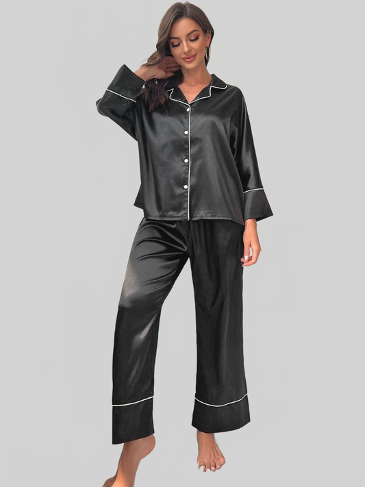 Contrast Piping Button-Up Top and Pants Pajama Set nicholesgifts