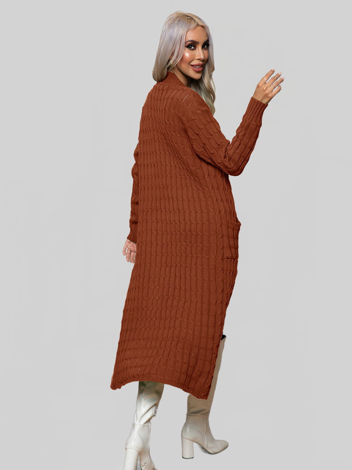 Women Cable-Knit Open Front Cardigan with Pockets nicholesgifts