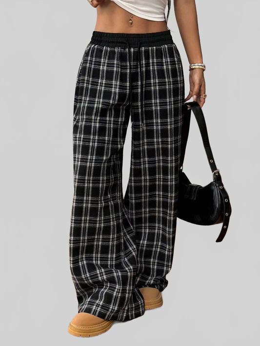 Women Plaid Wide-Leg Pants with Elastic Waistband nicholesgifts