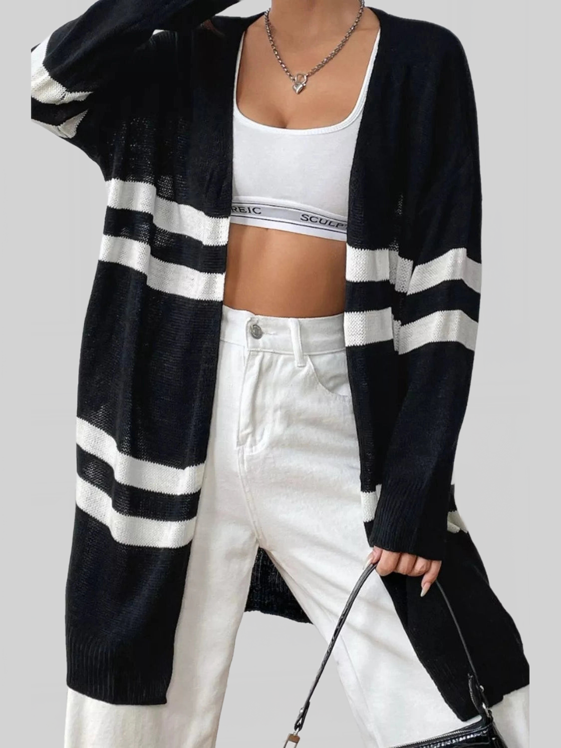 Striped Open Front Dropped Shoulder Cardigan nicholesgifts