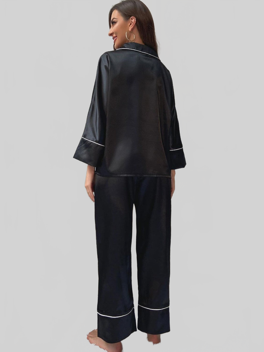 Contrast Piping Button-Up Top and Pants Pajama Set nicholesgifts