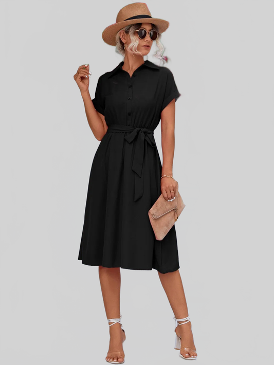 Buttoned Tie Waist Short Sleeve Dress nicholesgifts