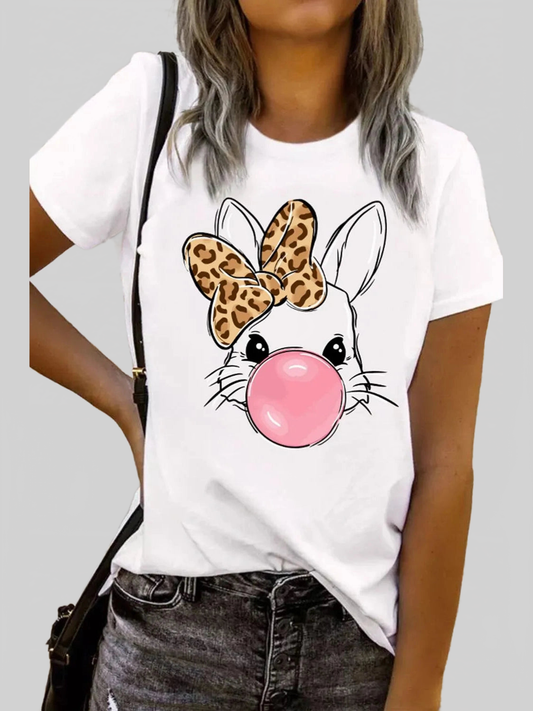 Leopard Bow Rabbit Graphic Round Neck Short Sleeve T-Shirt Trendsi