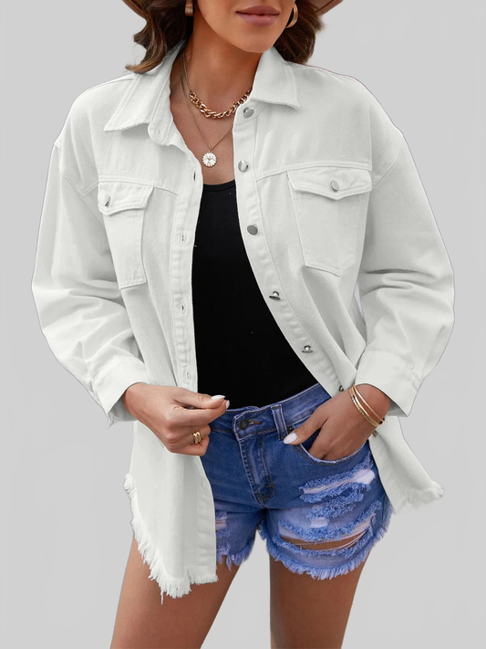 Button Up Pocketed Raw Hem Denim Jacket nicholesgifts