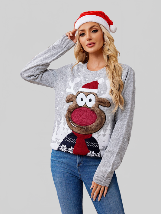 Women Reindeer Round Neck Long Sleeve Christmas Sweater nicholesgifts