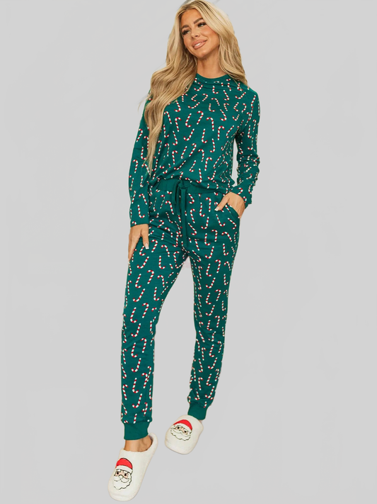 Candy Cane Print Round Neck Top and Pants Lounge Set nicholesgifts