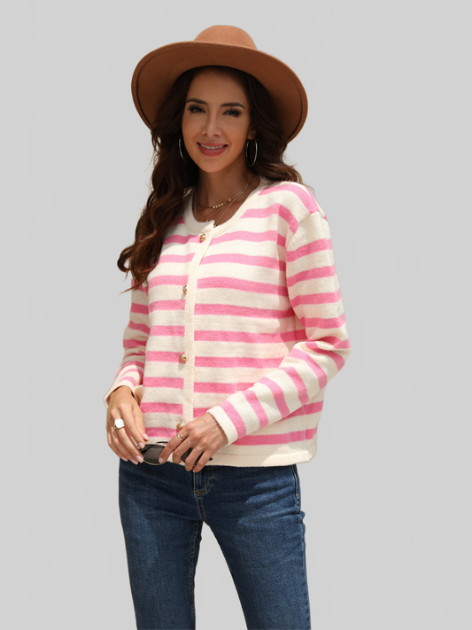 Angel Wings Striped Round Neck Button-Down Dropped Shoulder Cardigan nicholesgifts