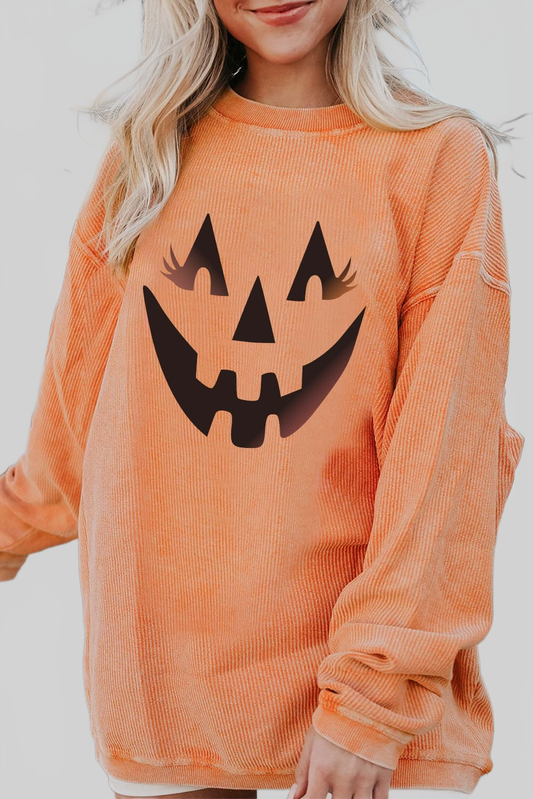 Women Round Neck Dropped Shoulder Jack-O'-Lantern Graphic Caramel Colored Sweatshirt nicholesgifts