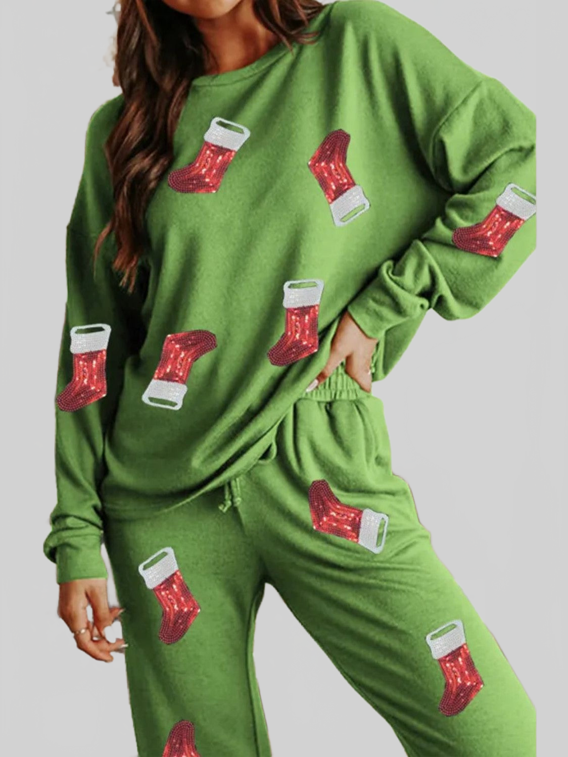 Sequin Socks Round Neck Long Sleeve Top and Pants Lounge Set nicholesgifts