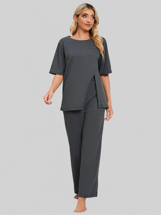 Slit Round Neck Top and Pants Lounge Set nicholesgifts
