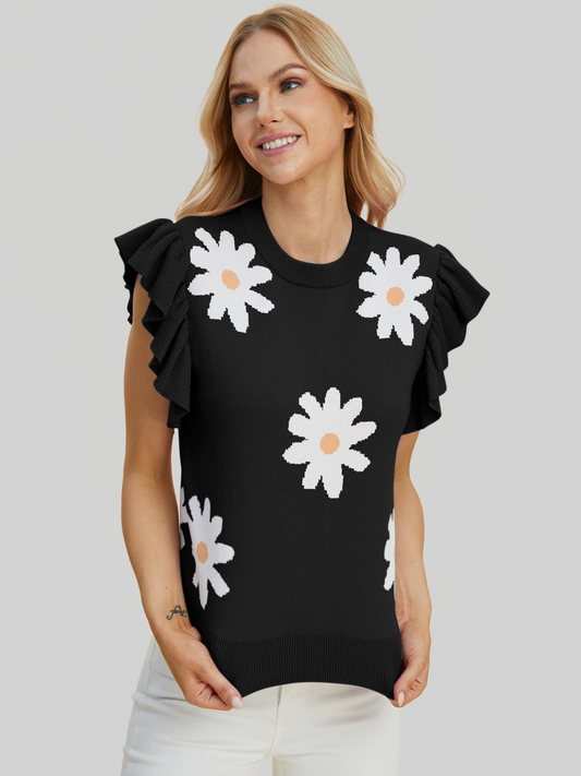 Women Double Take Full Size Ruffled Flower Round Neck Cap Sleeve Black Top NicholesGifts