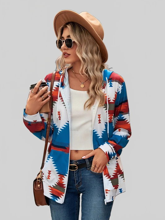 Geometric Zip Up Long Sleeve Hooded Jacket NicholesGifts