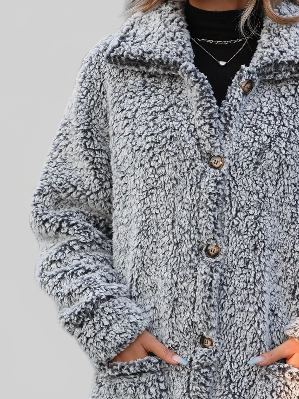 Pocketed Collared Neck Long Sleeve Plush Jacket NicholesGifts