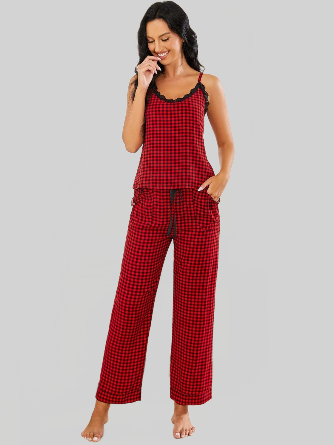 Plaid Lace Trim Cami and Drawstring Pants Pajama Set Trendsi