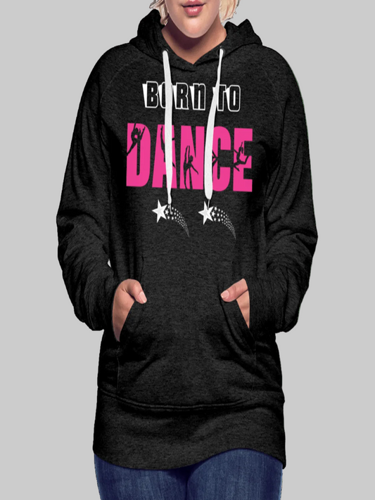 Women’s Born To Dance Hoodie in black with pink and white graphic text, featuring kangaroo pockets and white drawstrings