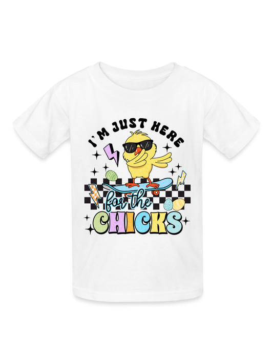 White cotton Boys I'm just here for the Chicks Easter T-Shirt with colorful cartoon chick on skateboard and bold lettering design.