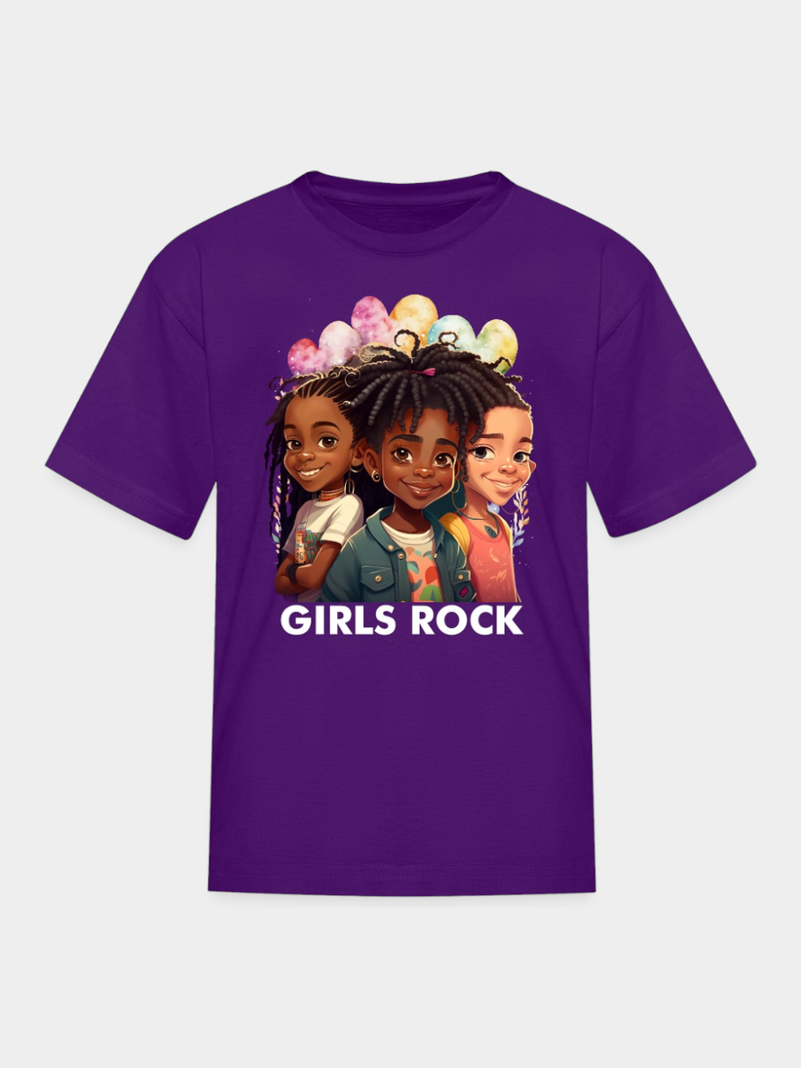 Purple kids' crewneck T-shirt with African American Girls Rock graphic and short sleeves