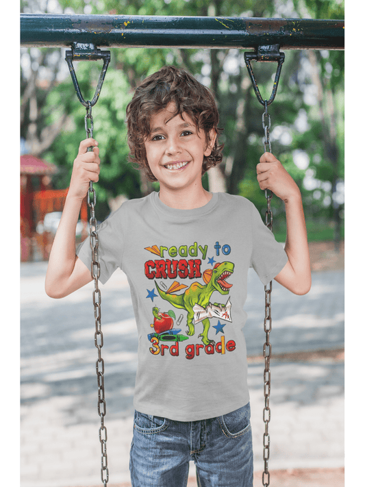 Boys Ready To Crush gray short sleeve tee shirt with colorful dinosaur and school-themed graphic on soft cotton material