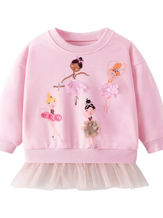 Toddler Girls Ballerina Applique Crewneck Sweatshirt with Tulle Hem NicholesGifts