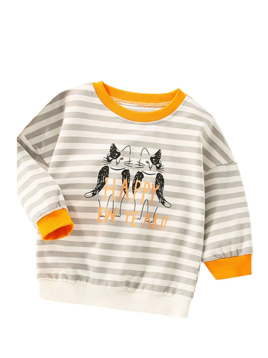 Girls Happy New Year Striped Cat Crew Neck Sweatshirt NicholesGifts