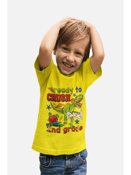 Bright yellow short sleeve cotton t-shirt with a colorful dinosaur and "Boys Ready To Crush Second Grade" text design