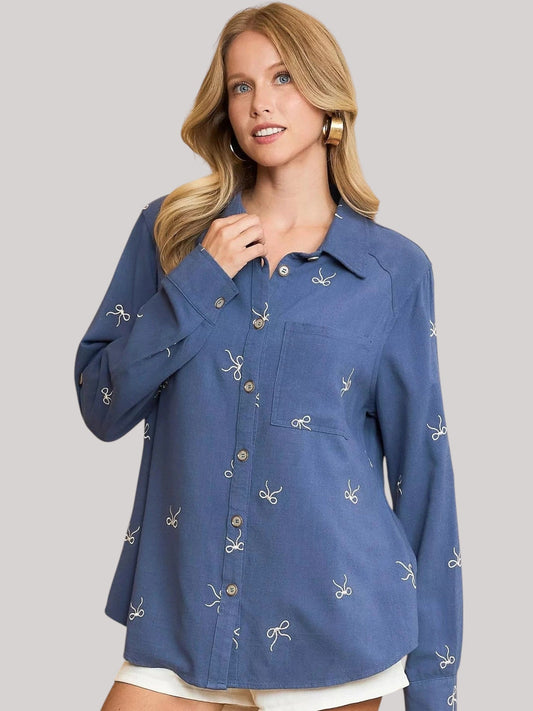 Women Umgee Linen Blend Fitted Long Sleeve Shirt with Ribbon Embroidery Details NicholesGifts