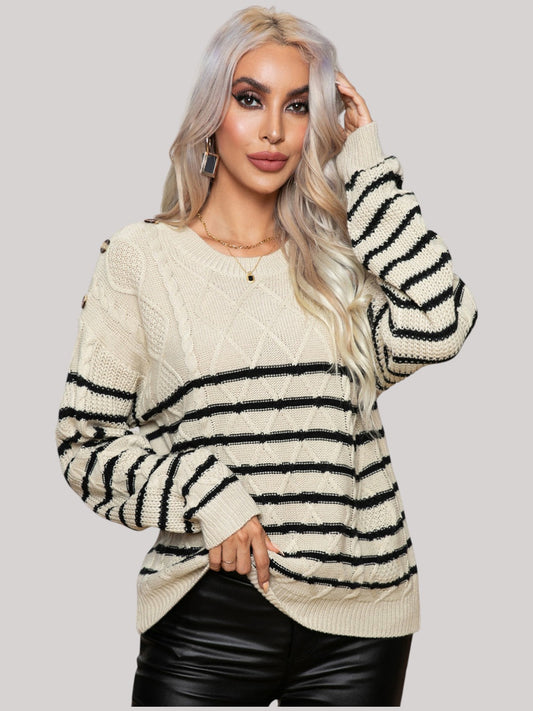Women Striped Round Neck Cable-Knit Sweater NicholesGifts