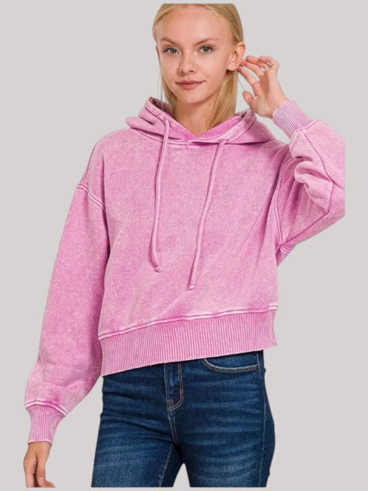Women Zenana Acid Wash Fleece Drawstring Cropped Hoodie NicholesGifts