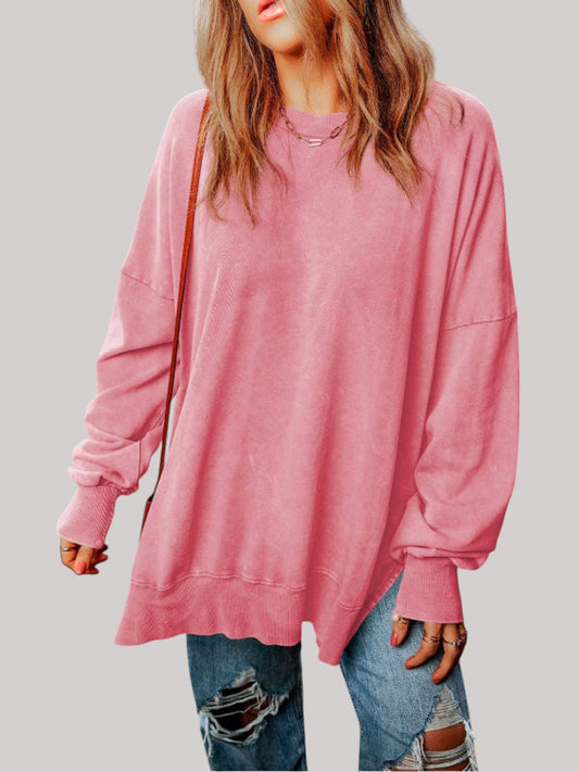 Women Dropped Shoulder long sleeve blouse in solid dusty pink with round neck and casual loose fit design