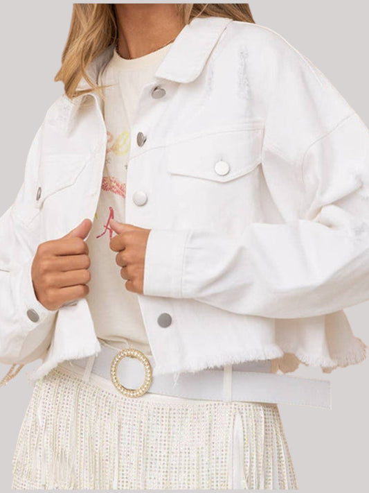 Distressed Raw Hem Dropped Shoulder Denim Jacket NicholesGifts