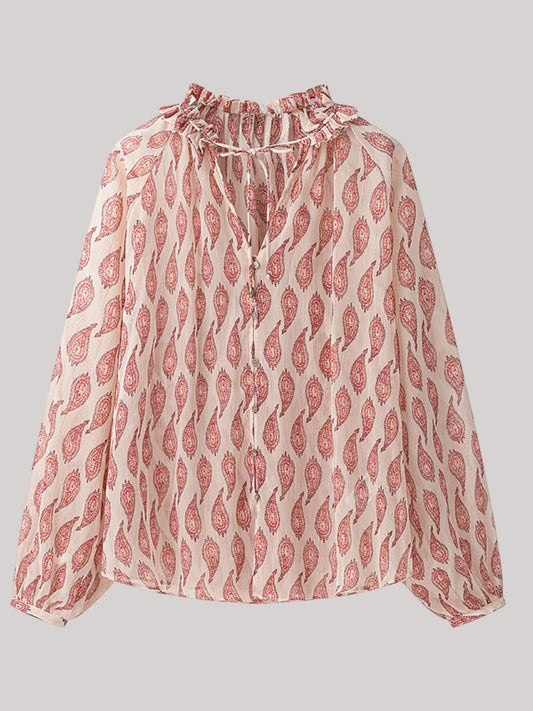 Women Paisley Print Frill Tie Neck Long Sleeve Blouse NicholesGifts