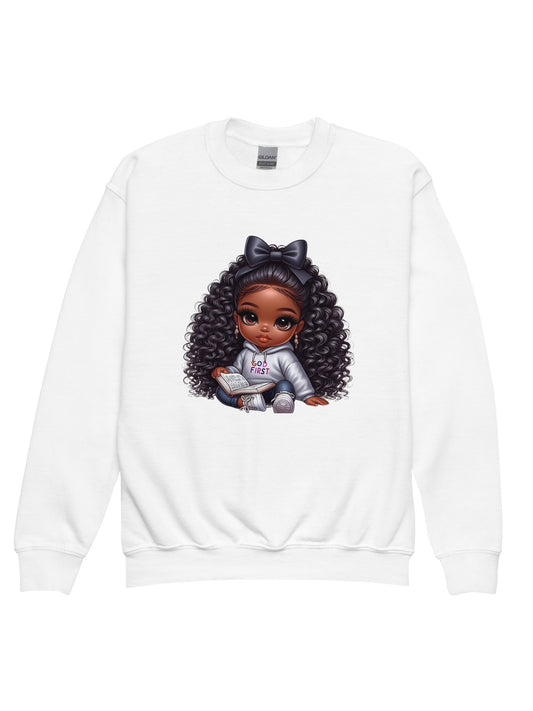 African American Toddler Girls God First Long Sleeve Crewneck Sweatshirt