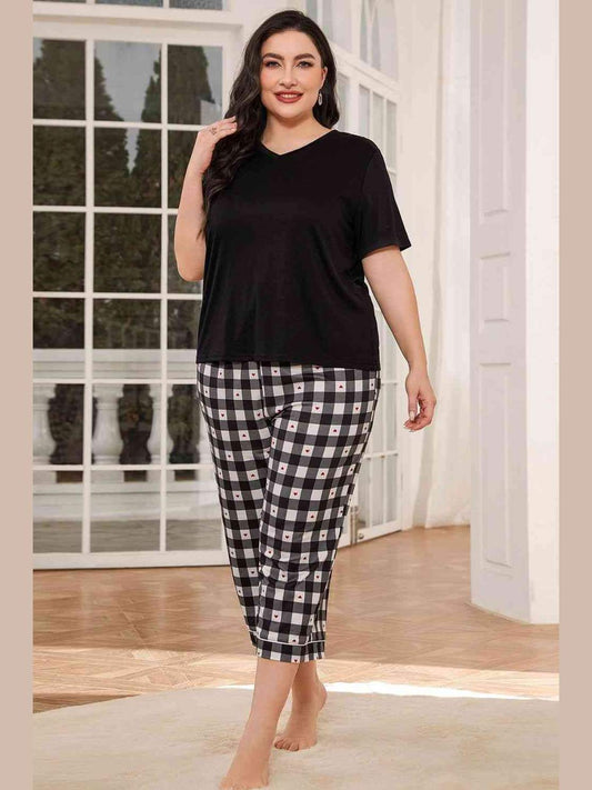 NicholesGifts Plus Size Women V-Neck Tee and Plaid Cropped Pants Lounge Set