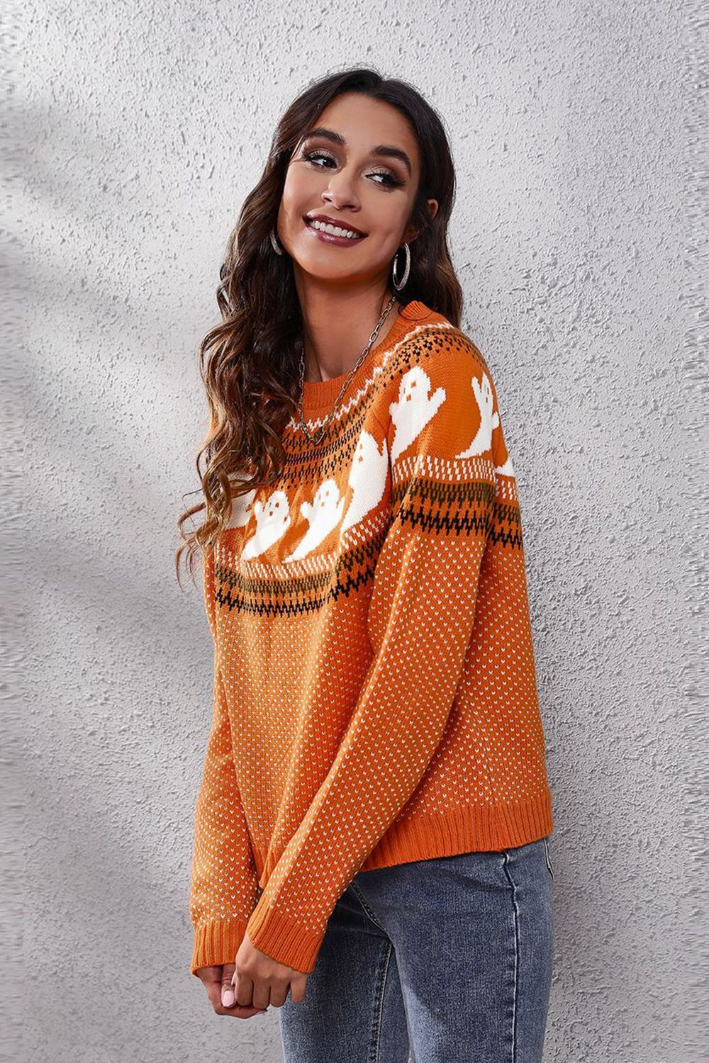Women Halloween Ghost Pattern Round Neck Long Sleeve Sweater NicholesGifts
