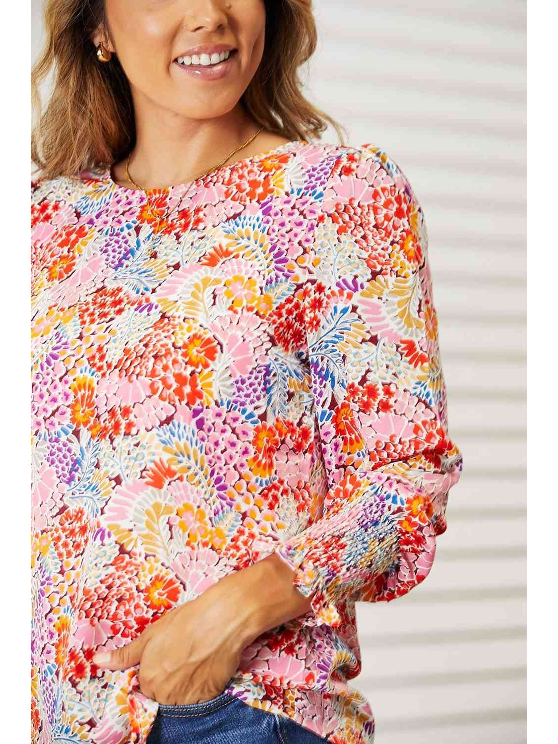 Women Double Take Floral Print Long Puff Sleeve Blouse NicholesGifts