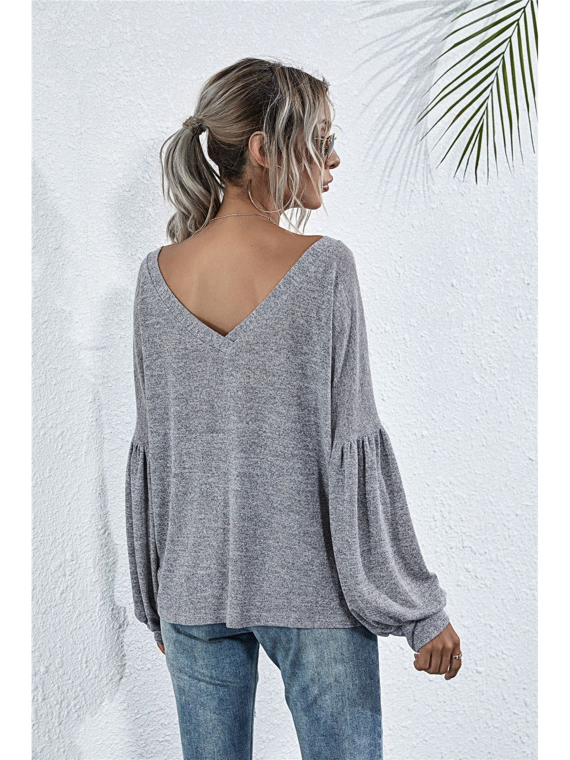 Women V-Neck Long Sleeve Dropped Shoulder Knit Top NicholesGifts