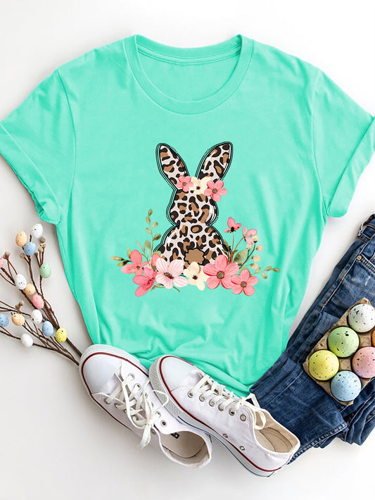 Women Rabbit Round Neck Short Sleeve Easter T-Shirt