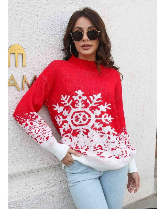 Women Snowflake Pattern Mock Neck Sweater NicholesGifts