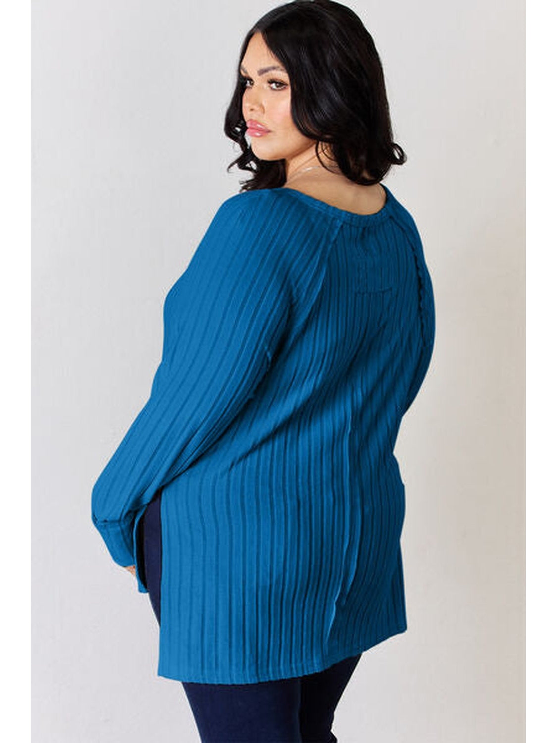 Women Basic Full Size Ribbed Round Neck Slit T-Shirt NicholesGifts